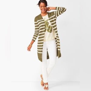 Talbots Women’s NWOT LIGHTWEIGHT Linen DUSTER STRIPE in Green Sz PM Layering